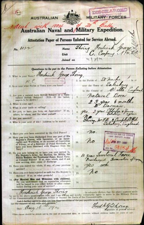 Frederick George Thring 15 Aug 1914