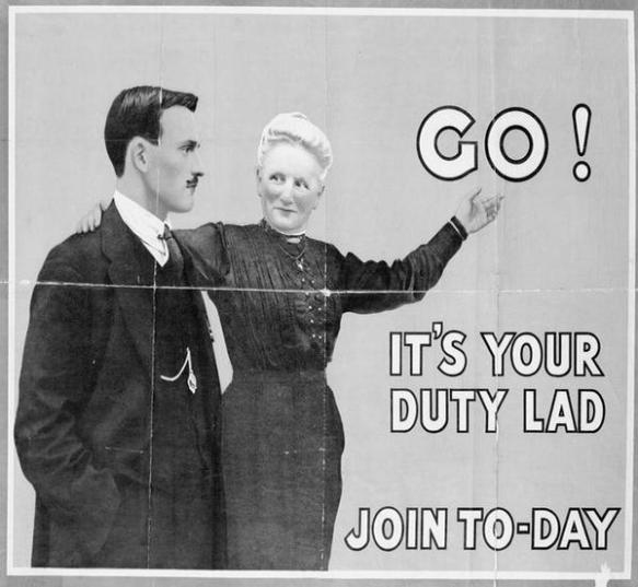 Mother or grandmother urging son to enlist